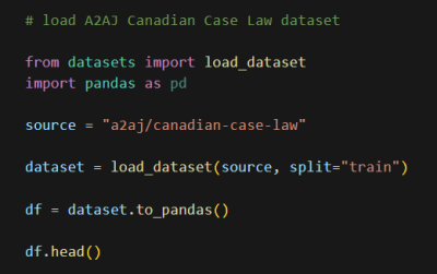 Image of computer code: # load A2AJ Canadian Case Law dataset from datasets import load_dataset import pandas as pd source = "a2aj/canadian-case-law" dataset = load_dataset(source, split="train") df = dataset.to_pandas() df.head()