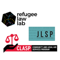 Logos for the Refugee Law Lab, the JLSP & CLASP